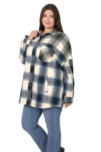 Oversized Yarn 2 Tone Plaid Longline Shacket - Teal/Olive