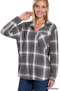 Plaid Shacket with Front Pocket (Charcoal)