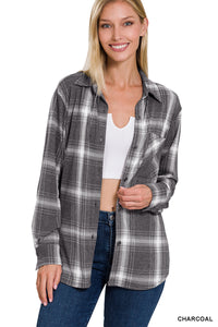 Plaid Shacket with Front Pocket (Charcoal)
