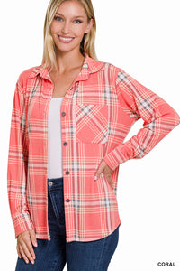 Plaid Shacket with Front Pocket (Coral)