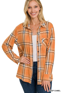 Plaid Shacket with Front Pocket (Deep Camel)
