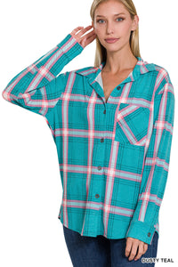 Plaid Shacket with Front Pocket (Dusty Teal)