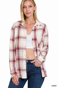 Plaid Shacket with Front Pocket (Ivory)