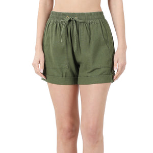 Linen Drawstring Shorts with Pockets (Ash Olive)
