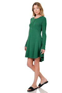 Long Sleeve Button Dress (Dk Green)