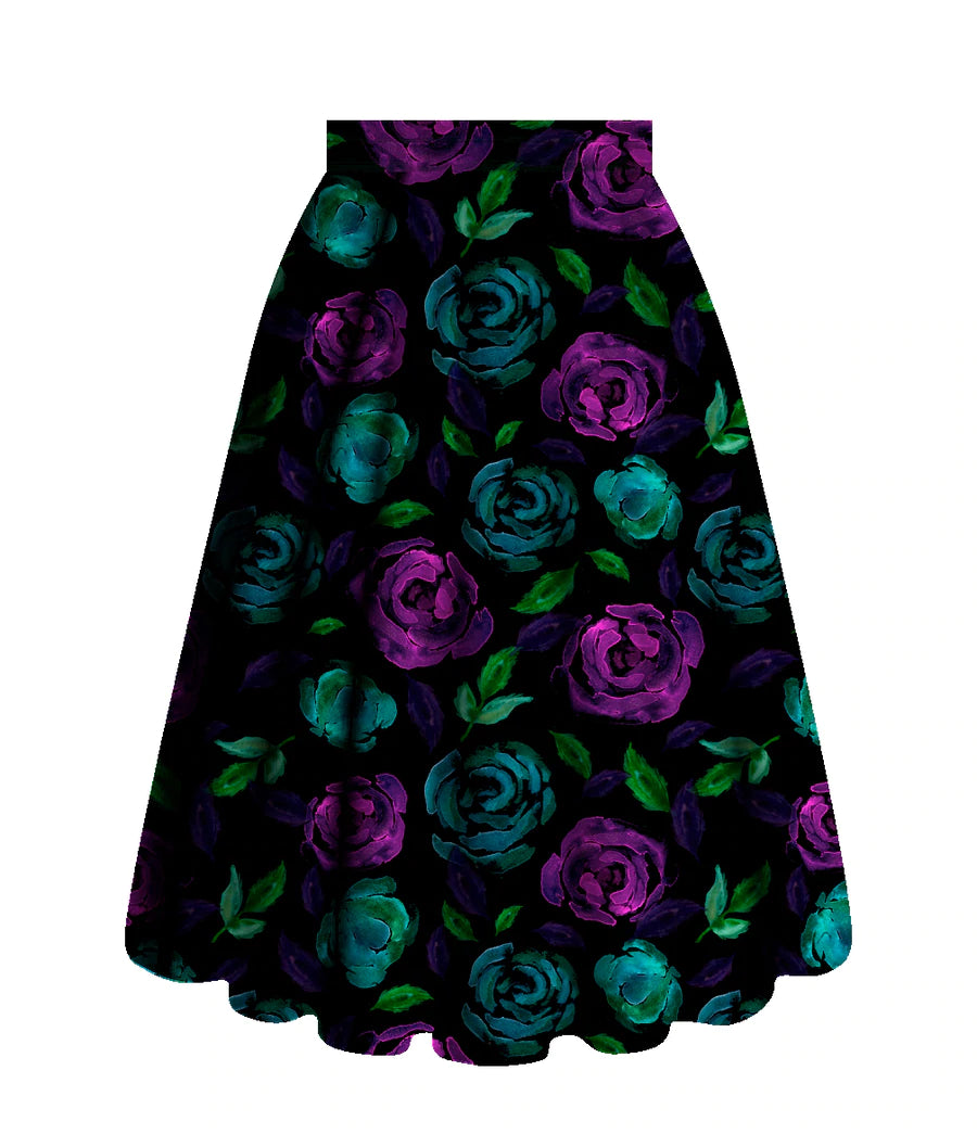 Teal and Purple Rose Swing Skirt