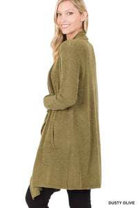 Draped Open Front Cardigan Sweater - Dusty Olive