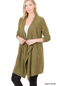 Draped Open Front Cardigan Sweater - Dusty Olive