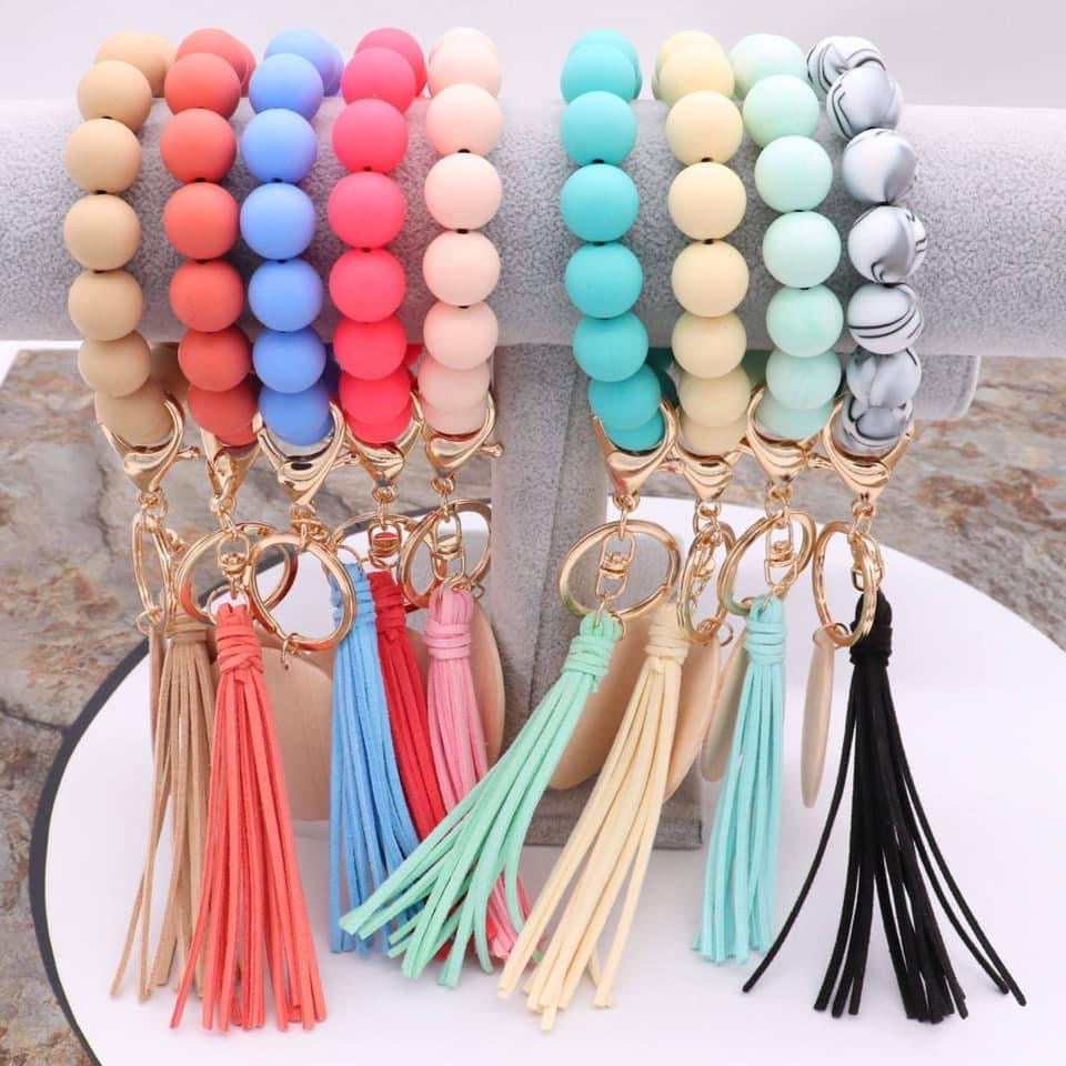 Silicone Beaded Keychain with Wood Disc for Personalization (Teal)